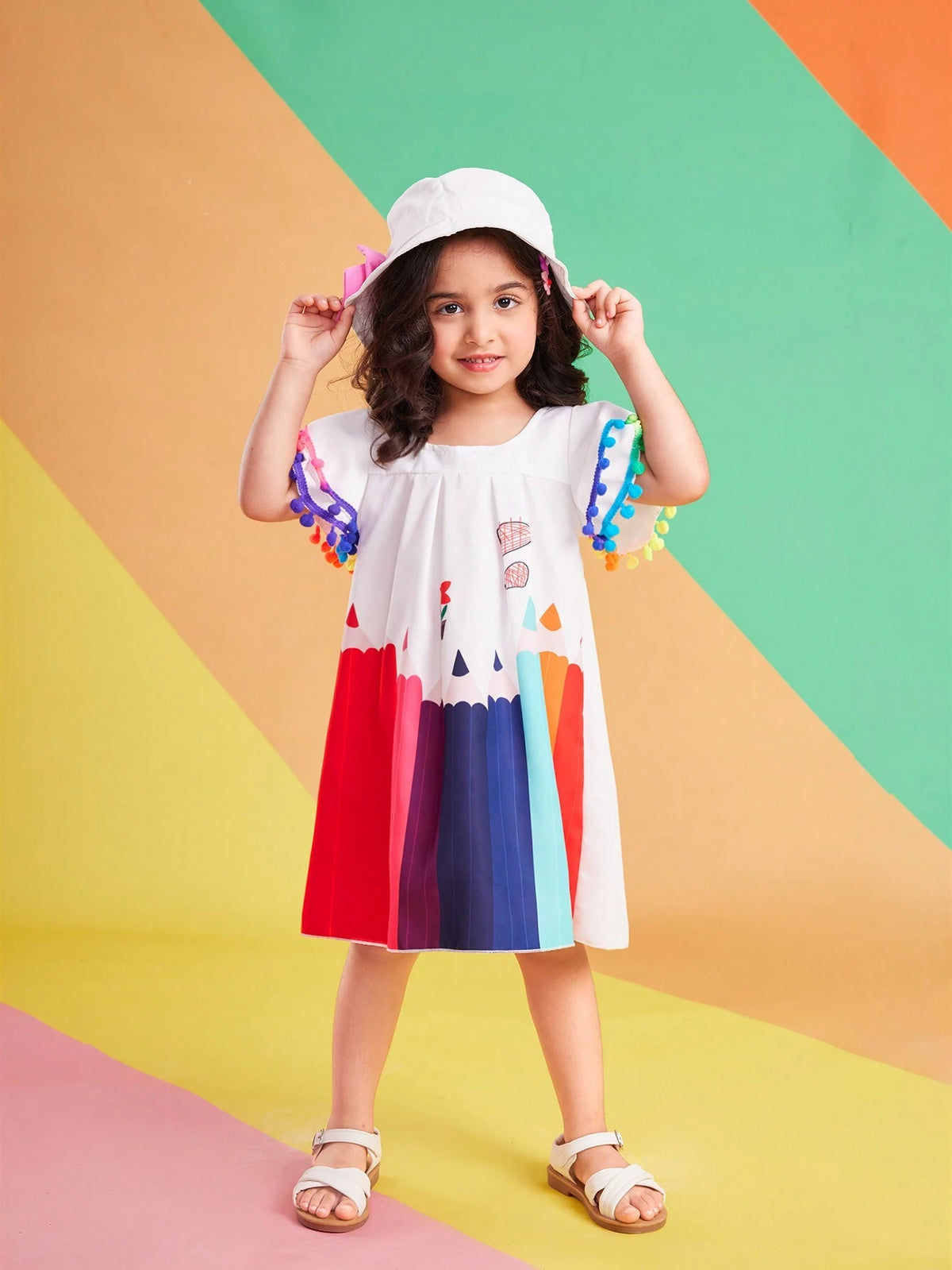 Warm Vacation Girls" Rainbow Brush Printed Smocked Collar Puff Sleeves Car & Rainbow Ball & Tassel Decorated Casual Dress For Summer
