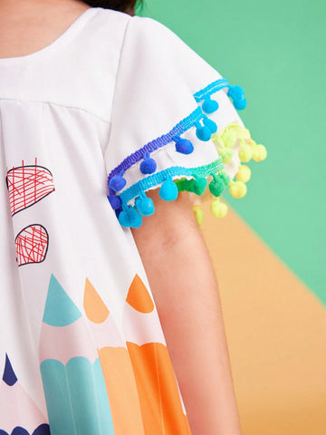 Warm Vacation Girls" Rainbow Brush Printed Smocked Collar Puff Sleeves Car & Rainbow Ball & Tassel Decorated Casual Dress For Summer