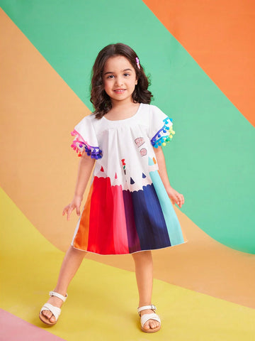 Warm Vacation Girls" Rainbow Brush Printed Smocked Collar Puff Sleeves Car & Rainbow Ball & Tassel Decorated Casual Dress For Summer
