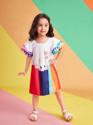 Warm Vacation Girls" Rainbow Brush Printed Smocked Collar Puff Sleeves Car & Rainbow Ball & Tassel Decorated Casual Dress For Summer