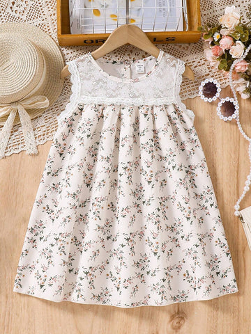 Warm Vacation Princess Dress For Toddler Girls, Sleeveless With Lace Floral High Waist Sundress, Casual Vacation Simple Elegant Vest Dress With Printed Flowers