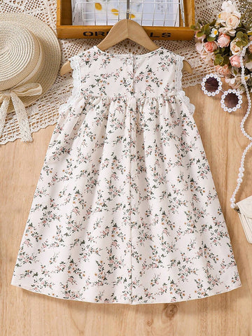Warm Vacation Princess Dress For Toddler Girls, Sleeveless With Lace Floral High Waist Sundress, Casual Vacation Simple Elegant Vest Dress With Printed Flowers