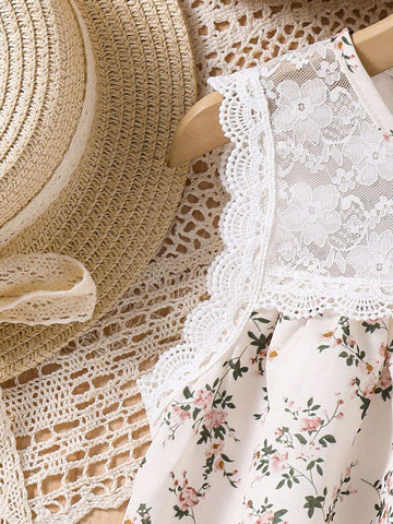 Warm Vacation Princess Dress For Toddler Girls, Sleeveless With Lace Floral High Waist Sundress, Casual Vacation Simple Elegant Vest Dress With Printed Flowers