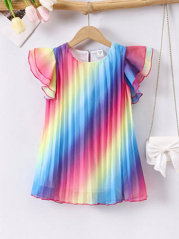 Warm Vacation Style Young Girls' Leisure Ombre Rainbow Pleated Dress For Summer