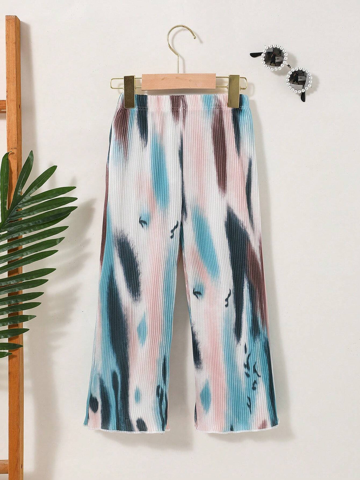 Warm Vacation Vibes! Girls' Tie-Dye Print Pleated Pants In Black, Apricot, Green-Blue & Coffee For Summer