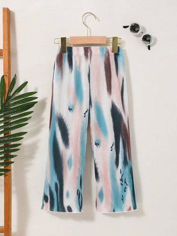 Warm Vacation Vibes! Girls' Tie-Dye Print Pleated Pants In Black, Apricot, Green-Blue & Coffee For Summer