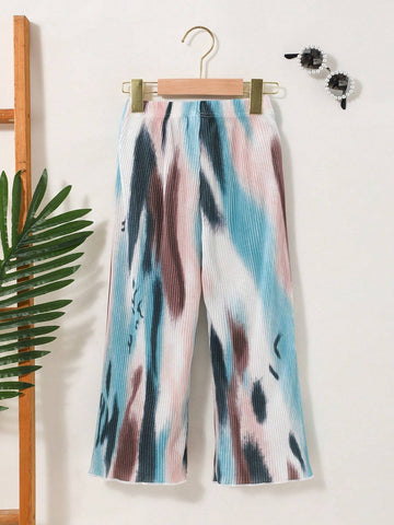 Warm Vacation Vibes! Girls' Tie-Dye Print Pleated Pants In Black, Apricot, Green-Blue & Coffee For Summer