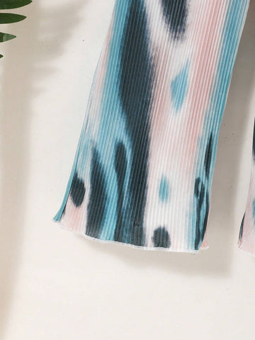 Warm Vacation Vibes! Girls' Tie-Dye Print Pleated Pants In Black, Apricot, Green-Blue & Coffee For Summer