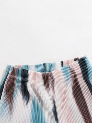 Warm Vacation Vibes! Girls' Tie-Dye Print Pleated Pants In Black, Apricot, Green-Blue & Coffee For Summer