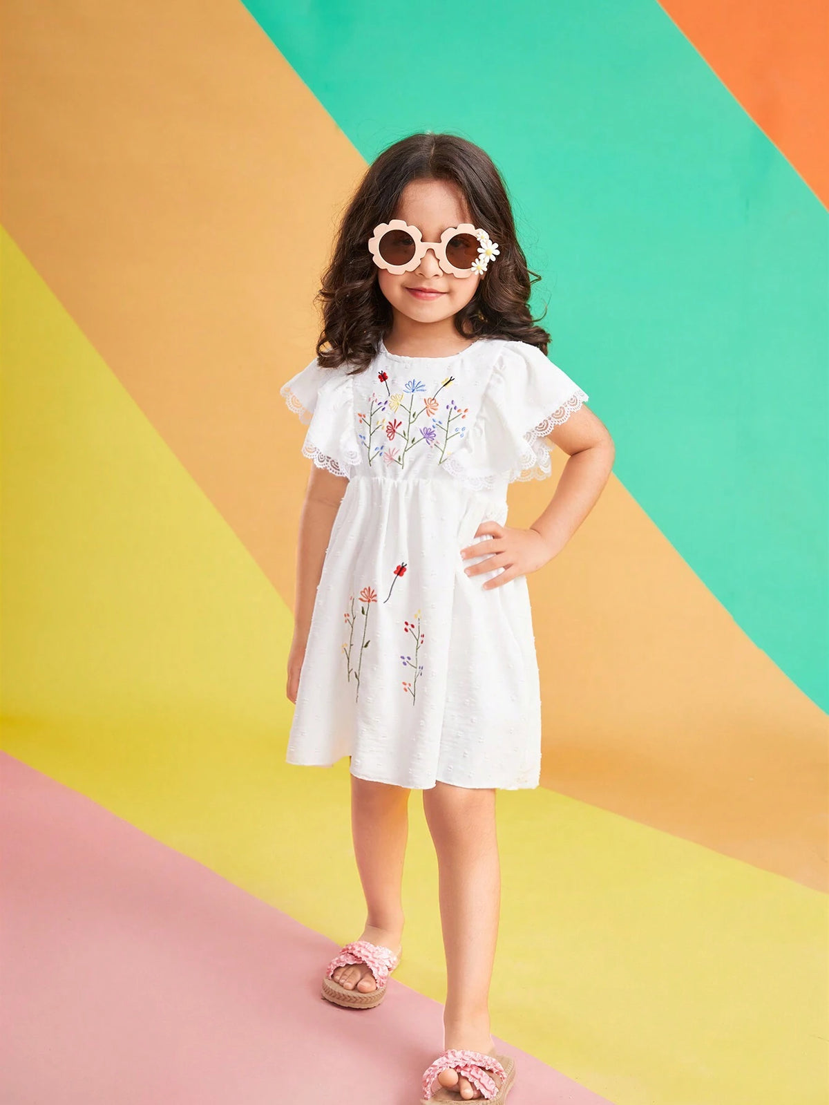 Warm Vacation White Cutout Balls Woven Fabric Embroidery Young Girls' Summer Dress