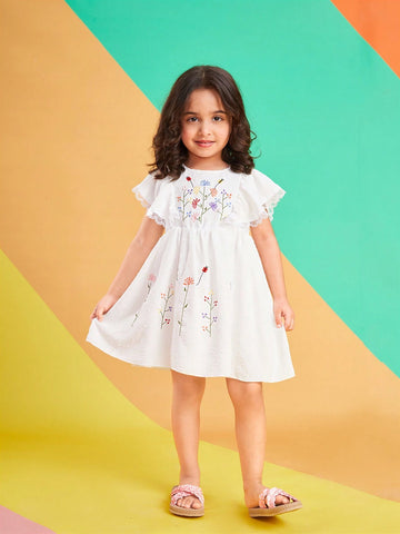 Warm Vacation White Cutout Balls Woven Fabric Embroidery Young Girls' Summer Dress