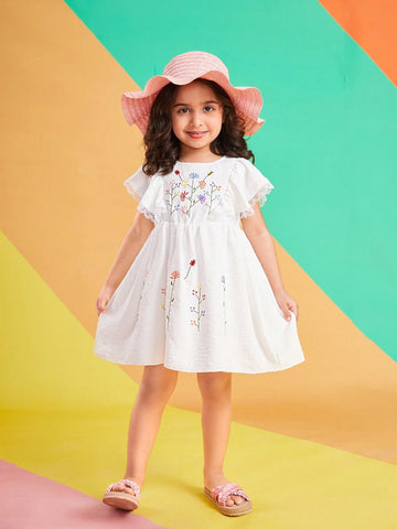 Warm Vacation White Cutout Balls Woven Fabric Embroidery Young Girls' Summer Dress