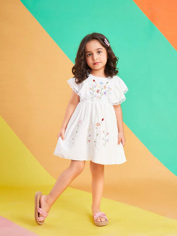 Warm Vacation White Cutout Balls Woven Fabric Embroidery Young Girls' Summer Dress
