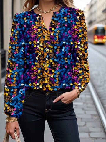 Casual Minimalist Women's Glittery Sparkle Sequin Printed Blouse