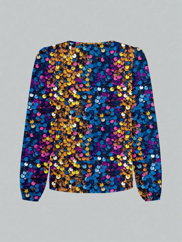 Casual Minimalist Women's Glittery Sparkle Sequin Printed Blouse