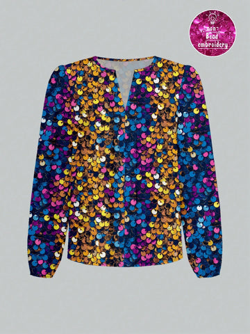 Casual Minimalist Women's Glittery Sparkle Sequin Printed Blouse