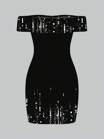 Warp Atelie Black, Sequin Print, New Year's Eve Dress, Christmas Party Dress, Women's Bodycon Off Shoulder Dress, Suitable For All Seasons, Holiday