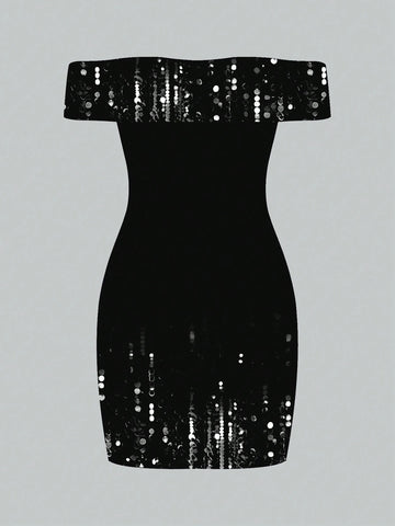 Warp Atelie Black, Sequin Print, New Year's Eve Dress, Christmas Party Dress, Women's Bodycon Off Shoulder Dress, Suitable For All Seasons, Holiday