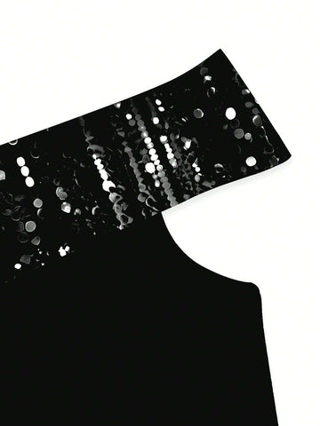 Warp Atelie Black, Sequin Print, New Year's Eve Dress, Christmas Party Dress, Women's Bodycon Off Shoulder Dress, Suitable For All Seasons, Holiday