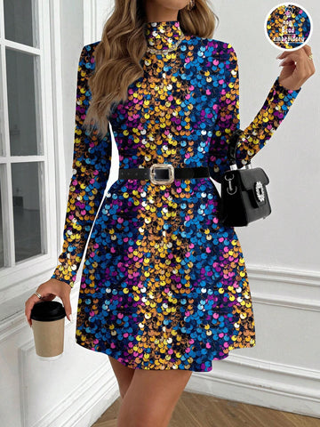 Warp Atelie Casual Elegant Sequin Decor Dress For Women, Suitable For Party, Vacation, New Year, Autumn/Winter