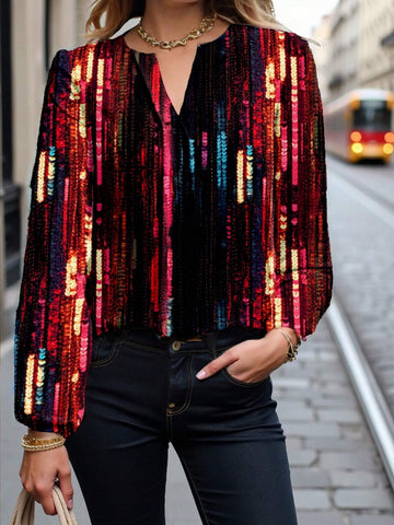 Casual Minimalist Sequin Print Women's Shirt, Suitable For Spring And Autumn