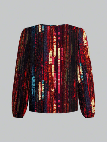 Casual Minimalist Sequin Print Women's Shirt, Suitable For Spring And Autumn