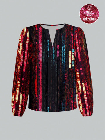 Casual Minimalist Sequin Print Women's Shirt, Suitable For Spring And Autumn
