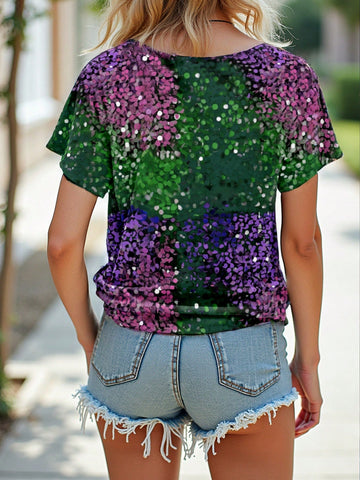 Warp Atelie Women Casual Minimalist Round Neck Sequin Print Blouse, Colorful Glitter Party And Holiday Top