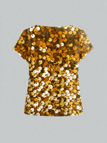 Women's Shiny Glitter Gold Print Party Blouse, Suitable For Autumn/Winter