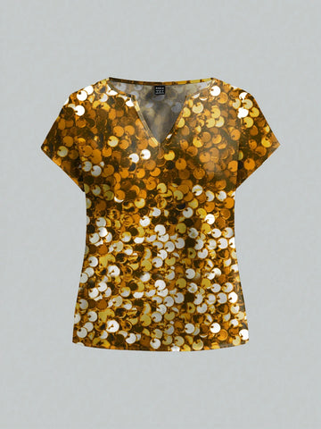 Women's Shiny Glitter Gold Print Party Blouse, Suitable For Autumn/Winter