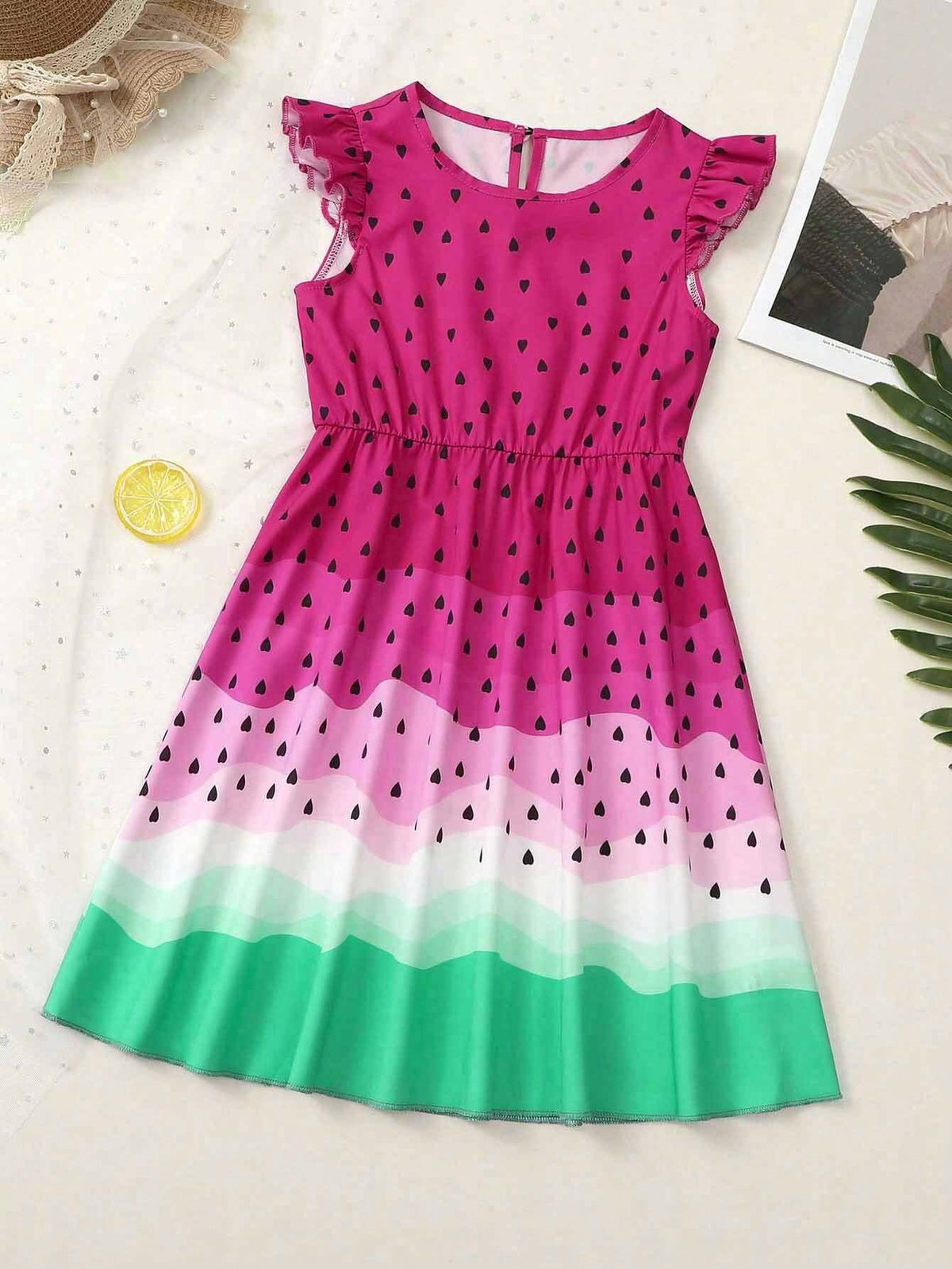 Watermelon Fun: Girls Fruit Print Ruffle Sleeve A-Line Dress Vacation Casual Dresses For Girls, Summer Gift