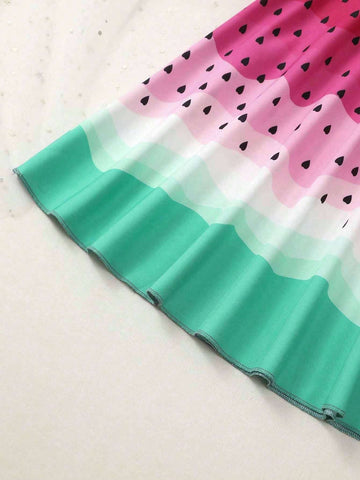 Watermelon Fun: Girls Fruit Print Ruffle Sleeve A-Line Dress Vacation Casual Dresses For Girls, Summer Gift