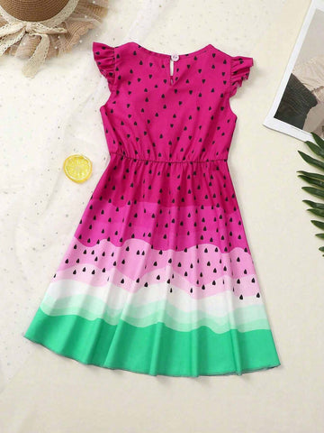 Watermelon Fun: Girls Fruit Print Ruffle Sleeve A-Line Dress Vacation Casual Dresses For Girls, Summer Gift