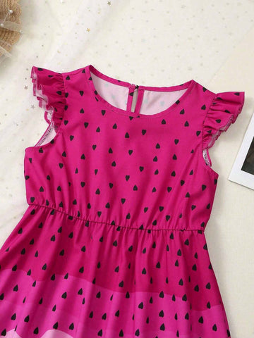 Watermelon Fun: Girls Fruit Print Ruffle Sleeve A-Line Dress Vacation Casual Dresses For Girls, Summer Gift