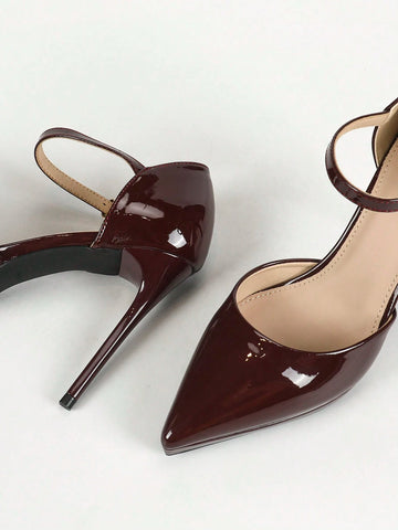 Waterproof Platform High Heels Patent Leather Hollow Out Single Shoes With Buckled Ankle Strap For Women Spring Summer Sexy Stiletto Sandals