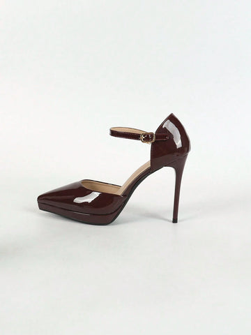Waterproof Platform High Heels Patent Leather Hollow Out Single Shoes With Buckled Ankle Strap For Women Spring Summer Sexy Stiletto Sandals