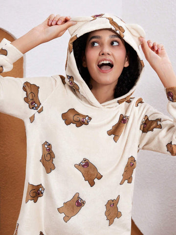 Women's Cartoon Bear Print 3D Ears Hooded Flannel Short Dress