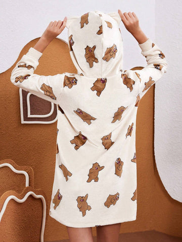 Women's Cartoon Bear Print 3D Ears Hooded Flannel Short Dress