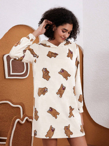 Women's Cartoon Bear Print 3D Ears Hooded Flannel Short Dress