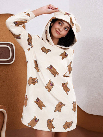 Women's Cartoon Bear Print 3D Ears Hooded Flannel Short Dress