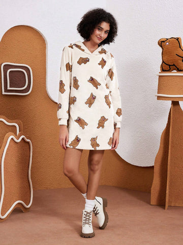 Women's Cartoon Bear Print 3D Ears Hooded Flannel Short Dress