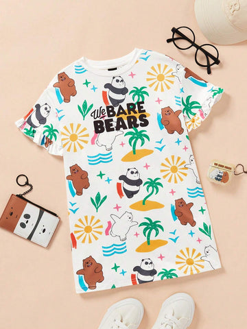 Young Girl Cartoon And Letter Printed Dress With Ruffle Design, Summer Vacation Style