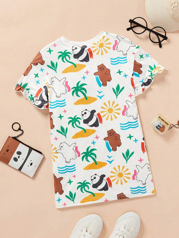 Young Girl Cartoon And Letter Printed Dress With Ruffle Design, Summer Vacation Style