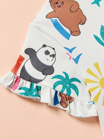 Young Girl Cartoon And Letter Printed Dress With Ruffle Design, Summer Vacation Style