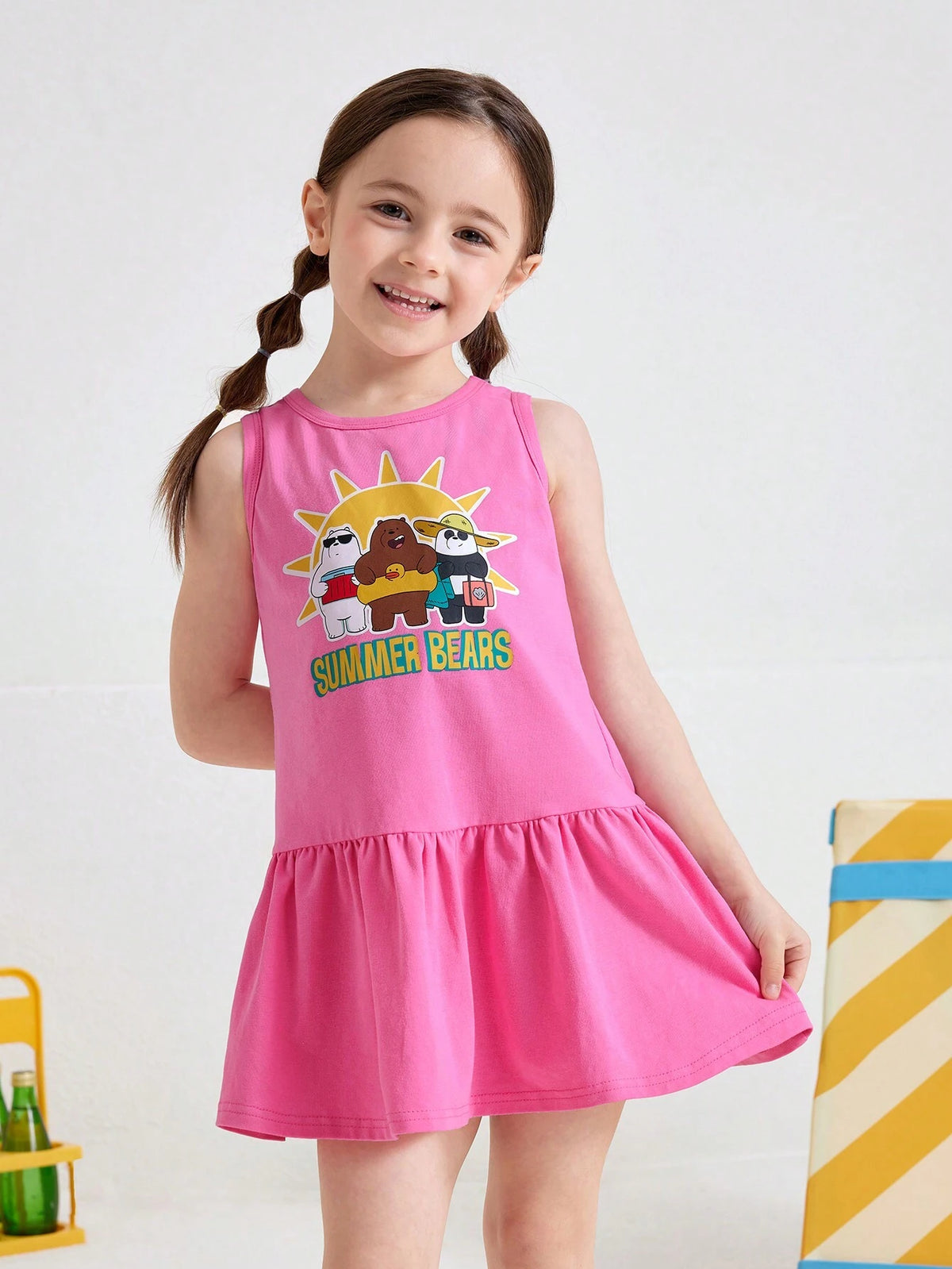 Young Girl Cartoon And Letter Printed Ruffle Hem Dress, Vacation Cute Style