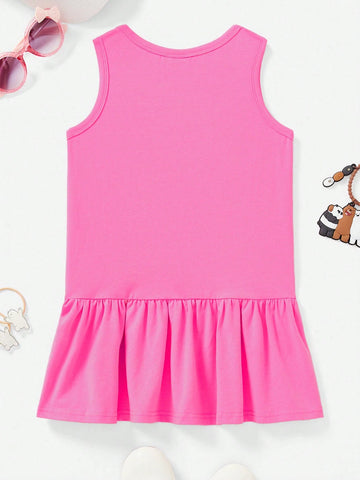 Young Girl Cartoon And Letter Printed Ruffle Hem Dress, Vacation Cute Style