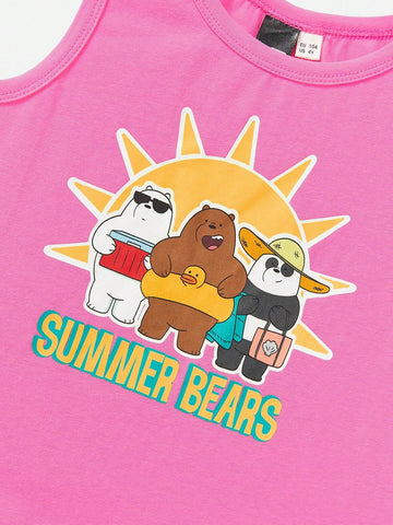 Young Girl Cartoon And Letter Printed Ruffle Hem Dress, Vacation Cute Style