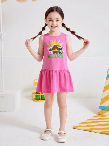 Young Girl Cartoon And Letter Printed Ruffle Hem Dress, Vacation Cute Style