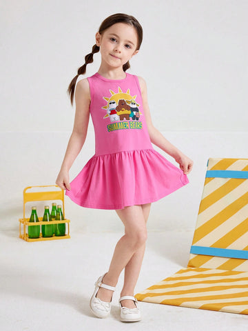 Young Girl Cartoon And Letter Printed Ruffle Hem Dress, Vacation Cute Style