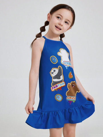 Young Girl Cartoon Bear Printed Halter Neck Dress With Ruffle Hem For Summer